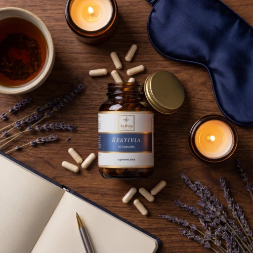 Restivia Avlivia flat lay - otwarty słoiczek wśród lawendy, herbaty i świecy, wieczorna rutyna wyciszenia