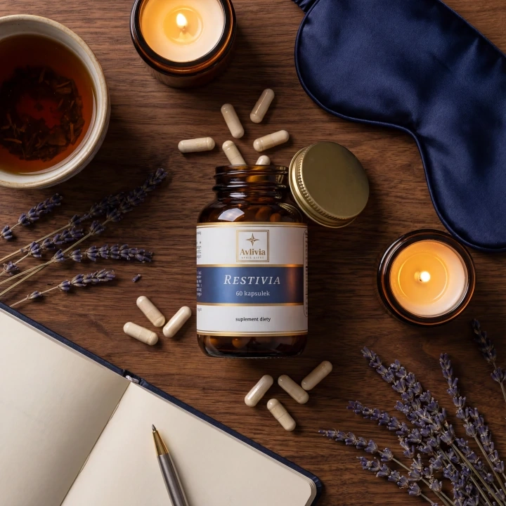 Restivia Avlivia flat lay - otwarty słoiczek wśród lawendy, herbaty i świecy, wieczorna rutyna wyciszenia