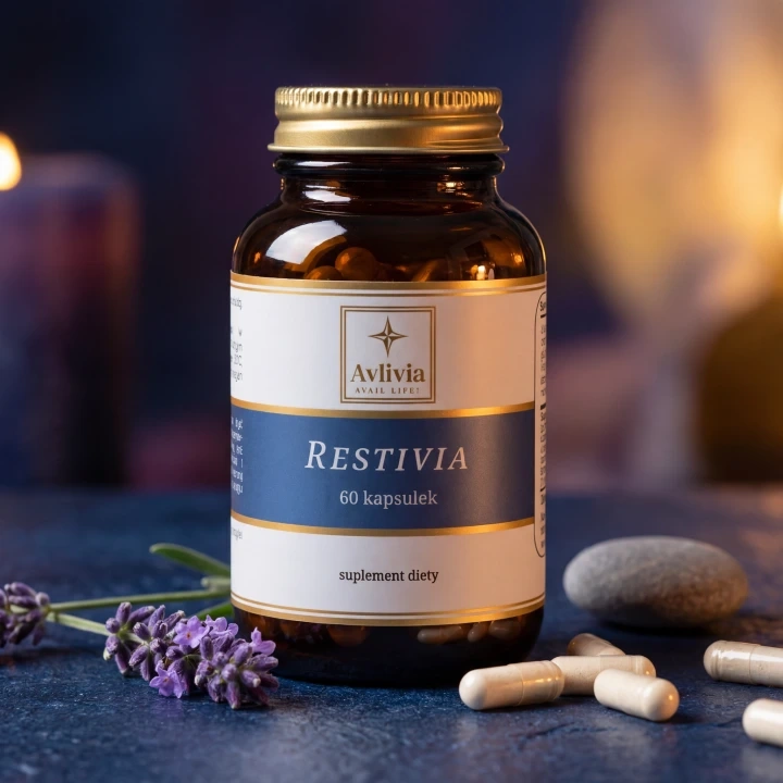 Restivia Avlivia - słoiczek z kapsułkami obok gałązki lawendy w wieczornym, nastrojowym oświetleniu