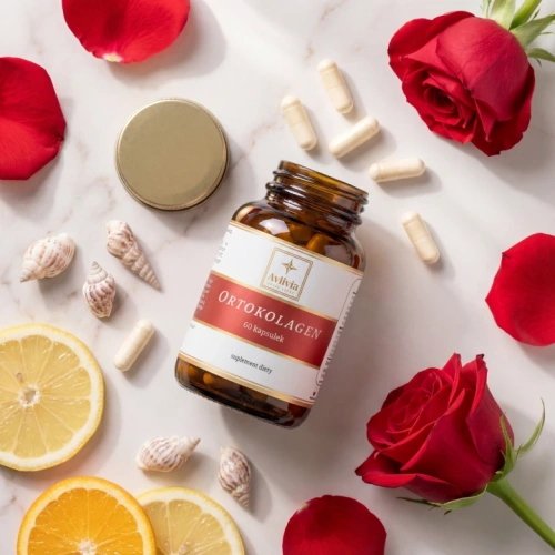 Ortokolagen Avlivia flat lay - otwarty słoiczek wśród róż, cytrusów i muszli morskich na eleganckim marmurze