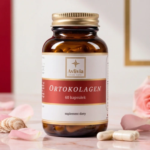 Ortokolagen Avlivia - słoiczek z kapsułkami obok płatków róży i muszli morskich symbolizujących kolagen morski