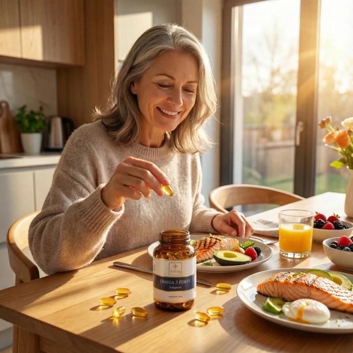 Osoba przyjmująca Omega 3 Forte Avlivia przy zdrowym śniadaniu - świadome dbanie o serce i mózg