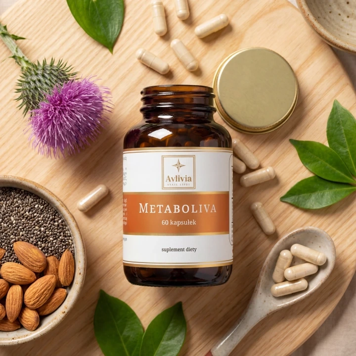 Metaboliva Avlivia flat lay - otwarty słoiczek wśród pięciu składników aktywnych i elementów zdrowego stylu życia