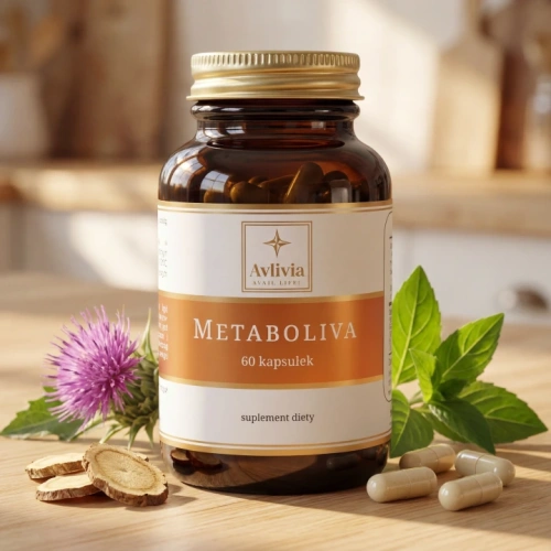 Metaboliva Avlivia - słoiczek z kapsułkami obok kwiatu ostropestu, korzenia macy i liści gurmaru