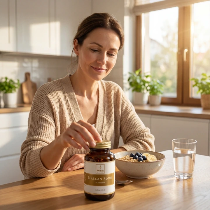 Kobieta przyjmująca Maślan Sodu Avlivia przy śniadaniu - świadoma rutyna zdrowotna i dbanie o jelita
