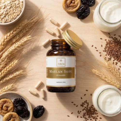 Maślan Sodu Avlivia flat lay - otwarty słoiczek wśród płatków owsianych, suszonych owoców i siemienia lnianego