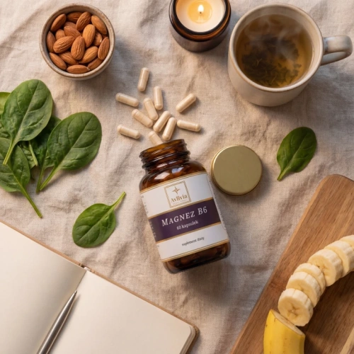 Magnez B6 Avlivia flat lay - otwarty słoiczek wśród migdałów, bananów i herbaty ziołowej, wieczorna rutyna relaksu