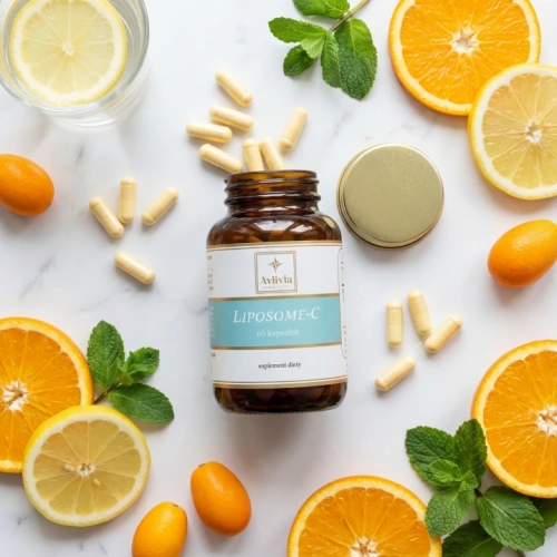 Liposome-C Avlivia flat lay - otwarty słoiczek z kapsułkami wśród plastrów cytrusów i listków mięty na jasnym tle