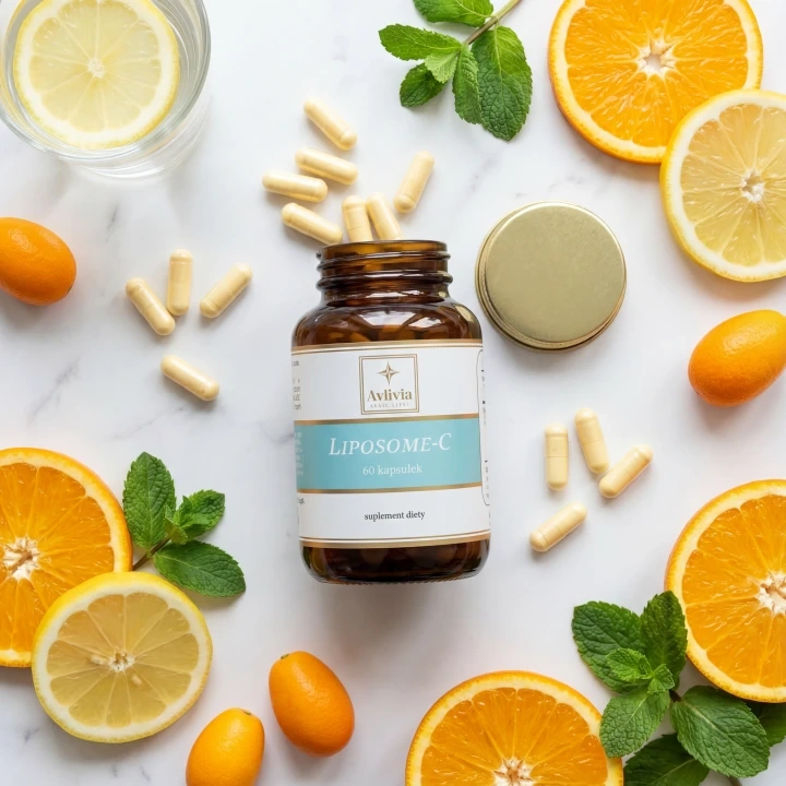 Liposome-C Avlivia flat lay - otwarty słoiczek z kapsułkami wśród plastrów cytrusów i listków mięty na jasnym tle