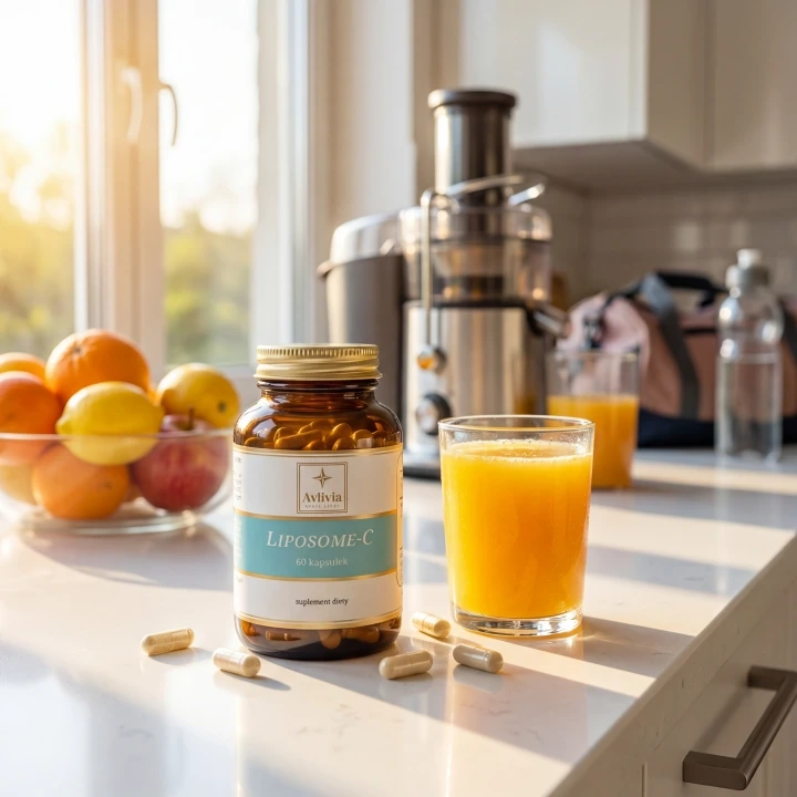 Liposome-C Avlivia poranny rytuał - słoiczek obok świeżego soku pomarańczowego i sokowirówki, aktywny styl życia