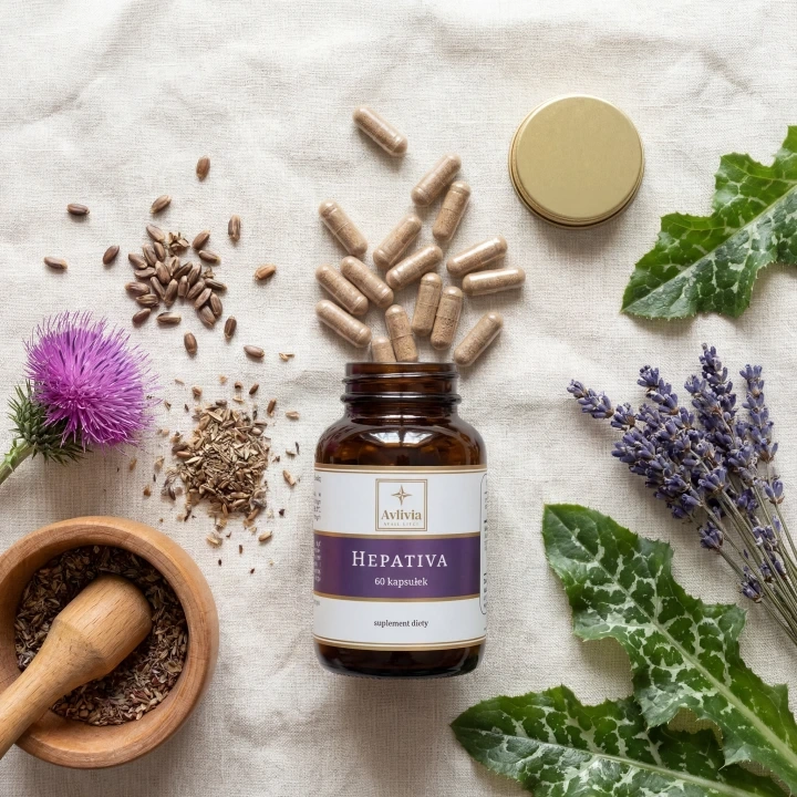 Hepativa Avlivia flat lay - otwarty słoiczek wśród nasion ostropestu, fioletowych kwiatów i moździerza z ziołami na lnianym tle