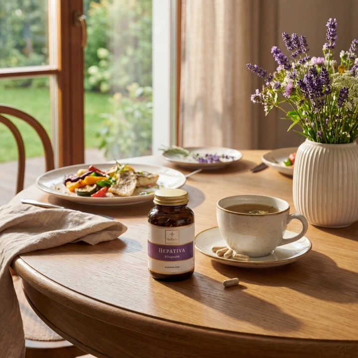 Hepativa Avlivia po posiłku - słoiczek z kapsułkami obok herbaty ziołowej i lawendy, codzienna dbałość o wątrobę