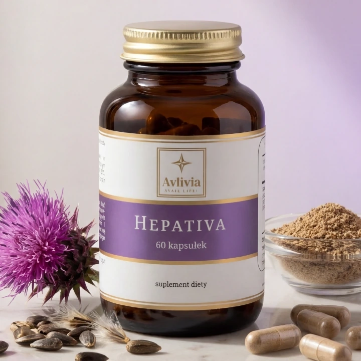 Hepativa Avlivia - słoiczek z kapsułkami obok nasion i fioletowego kwiatu ostropestu plamistego na jasnym marmurze.