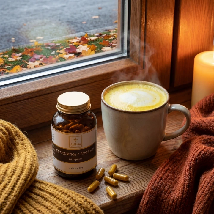 Kurkumina i Piperyna Avlivia jesienią - słoiczek obok kubka golden milk przy oknie, wsparcie odporności w chłodne dni