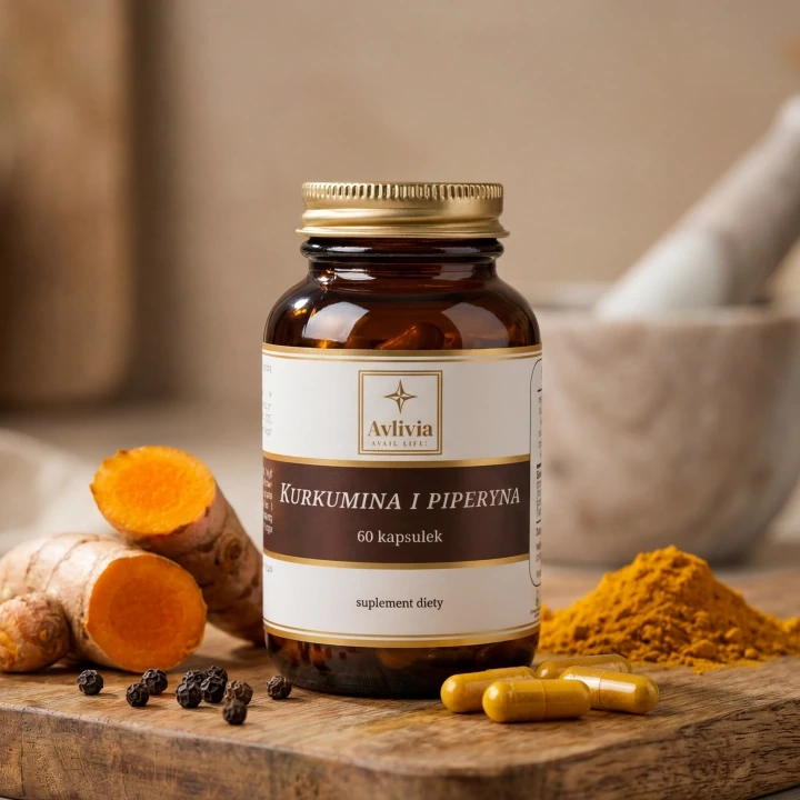 Kurkumina i Piperyna Avlivia - słoiczek z kapsułkami obok świeżego korzenia kurkumy, ziaren pieprzu czarnego i proszku kurkumy.