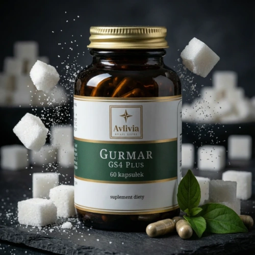 Gurmar GS4 Plus Avlivia niszczyciel cukru - słoiczek z kapsułkami na tle pękających kostek cukru, ekstrakt Gymnema sylvestre.