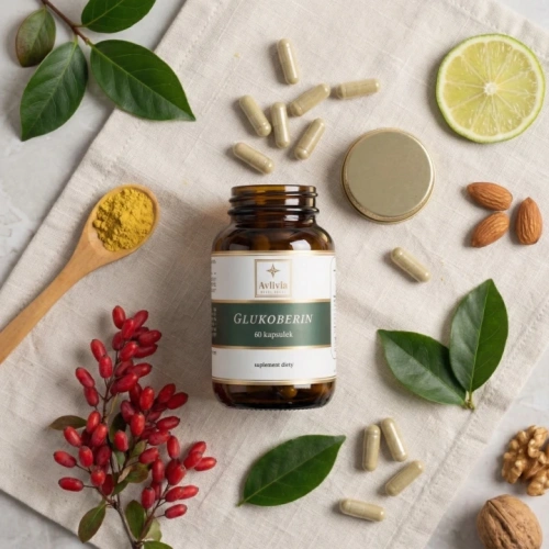 Glukoberin Avlivia flat lay - otwarty słoiczek z kapsułkami, owoce berberysu, liście gurmaru i proszek berberyny na jasnym tle