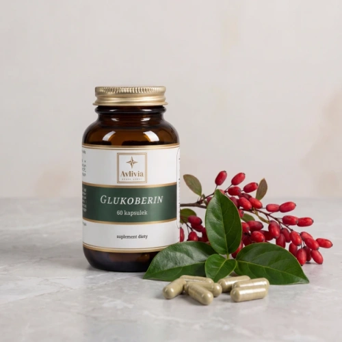 Glukoberin Avlivia - szklany słoiczek z kapsułkami, obok gałązka berberysu z czerwonymi owocami i liście gurmaru