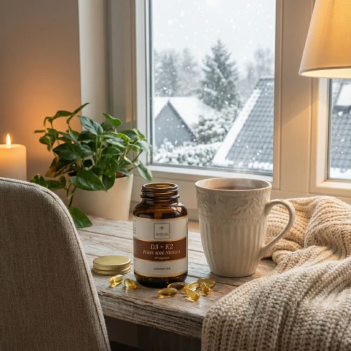 D3 + K2 Forte 4000 Nigella Avlivia przy oknie zimą - słoiczek z kapsułkami obok kubka herbaty, za oknem padający śnieg, przytulne wnętrze ze świecą i ciepłym kocem