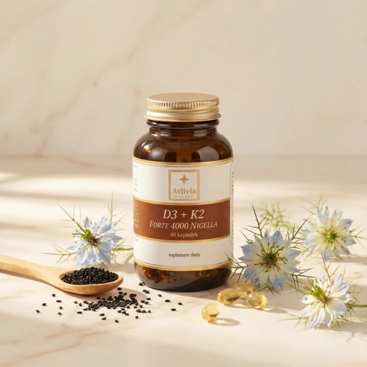 D3 + K2 Forte 4000 Nigella Avlivia - szklany słoiczek z kapsułkami softgel, obok nasiona czarnuszki na drewnianej łyżeczce, kwiat czarnuszki siewnej i złociste kapsułki z witaminą D3 i K2