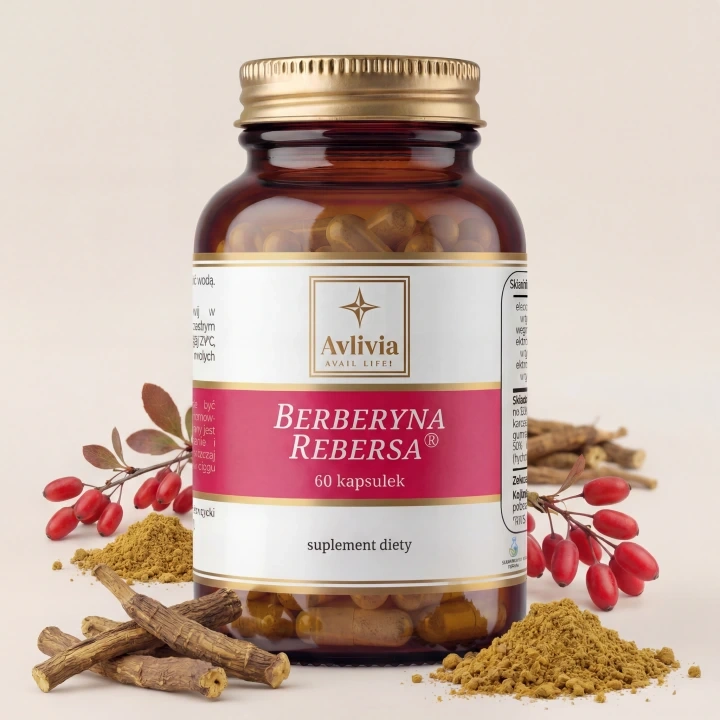Berberyna Rebersa Avlivia 60 kapsułek - szklany słoiczek z opatentowanym ekstraktem Rebersa od Sabinsa, obok korzenie Berberis aristata i kapsułki z berberyną