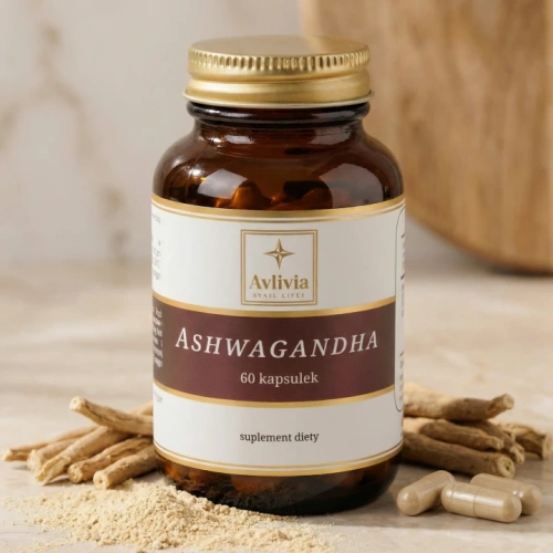 Ashwagandha Avlivia 60 kapsułek - słoiczek z kapsułkami, korzeniem maca i liśćmi gurmaru