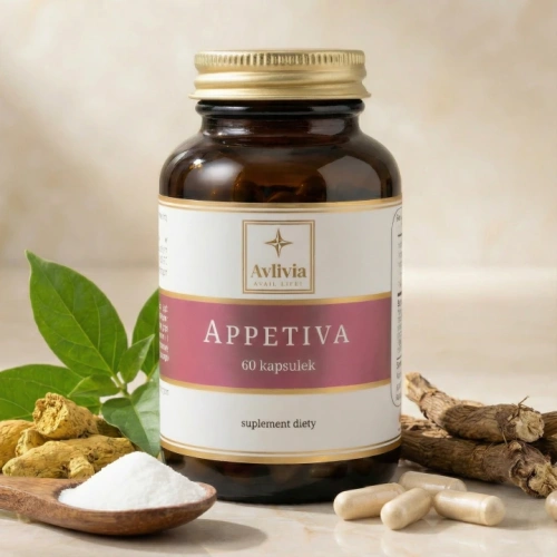 Appetiva Avlivia 60 kapsułek - słoiczek z kapsułkami, korzeniem maca i liśćmi gurmaru