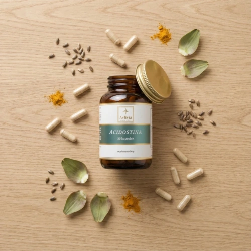 Otwarty słoiczek Acidostina Avlivia z widocznymi kapsułkami, ujęcie flat lay z góry na drewnianym blacie.