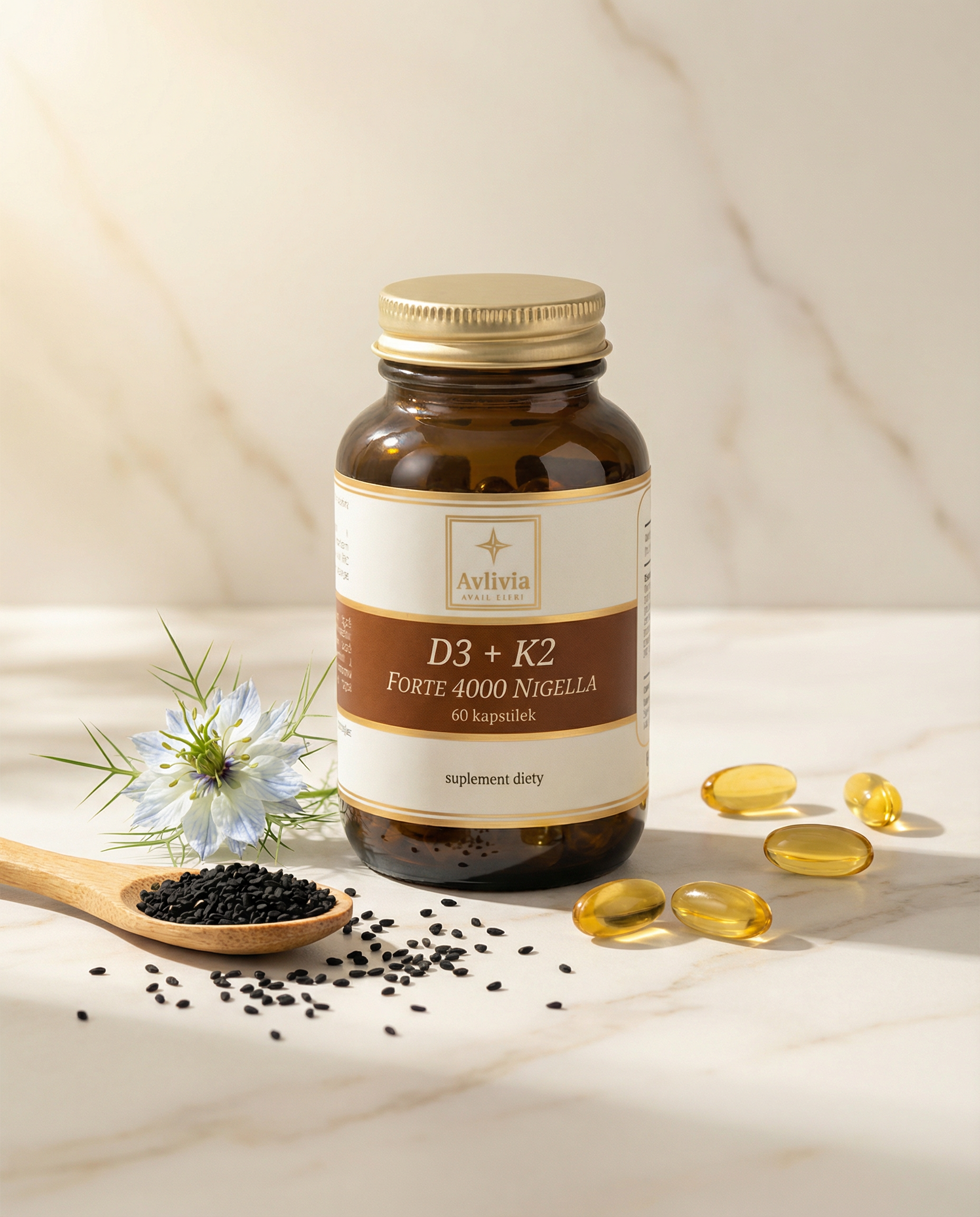 Opakowanie suplementu D3 + K2 Forte 4000 Nigella Avlivia